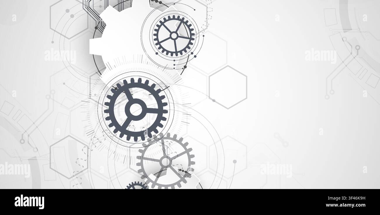 Technology background with grey gears, circuit board lines, geometric circles. Vector Stock Vector