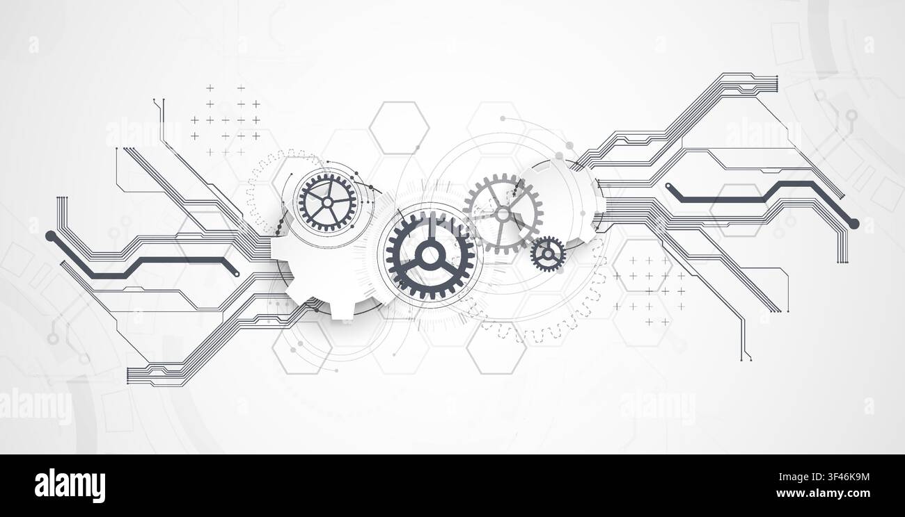 Technology background with grey gears, circuit board lines, geometric circles. Vector Stock Vector