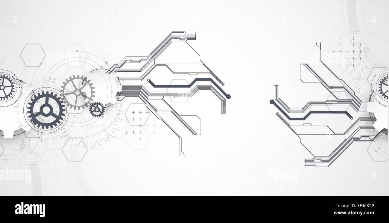 Technology background with grey gears, circuit board lines, geometric circles. Vector Stock Vector