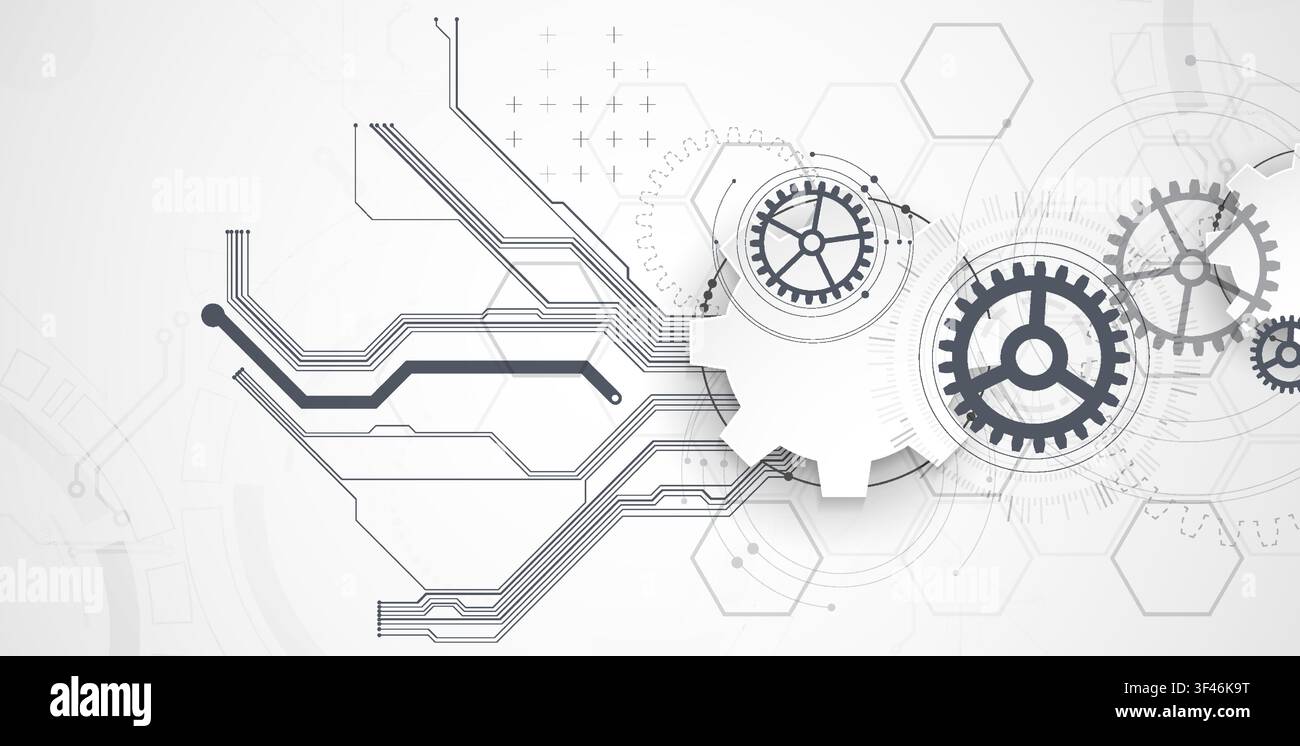 Technology background with grey gears, circuit board lines, geometric circles. Vector Stock Vector