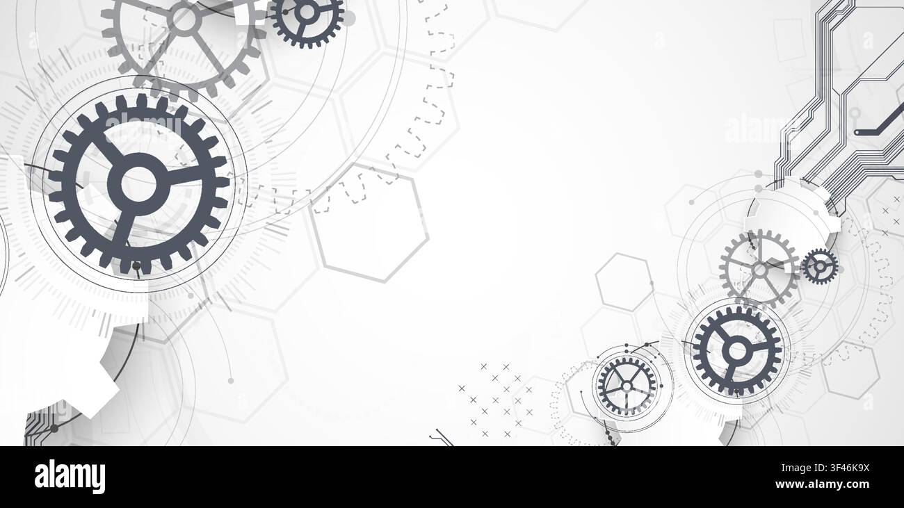 Technology background with grey gears, circuit board lines, geometric circles. Vector Stock Vector