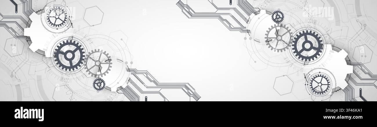 Technology background with grey gears, circuit board lines, geometric circles. Vector Stock Vector