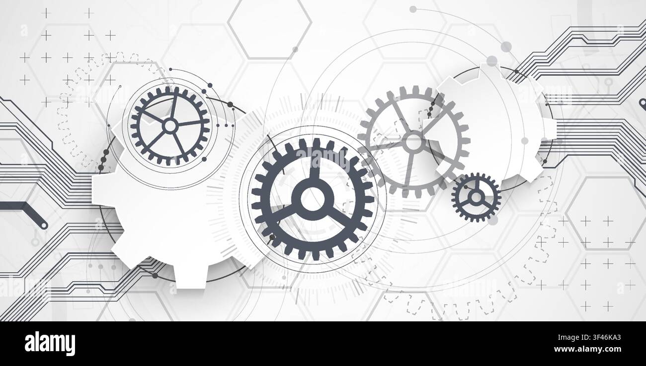 Technology background with grey gears, circuit board lines, geometric circles. Vector Stock Vector