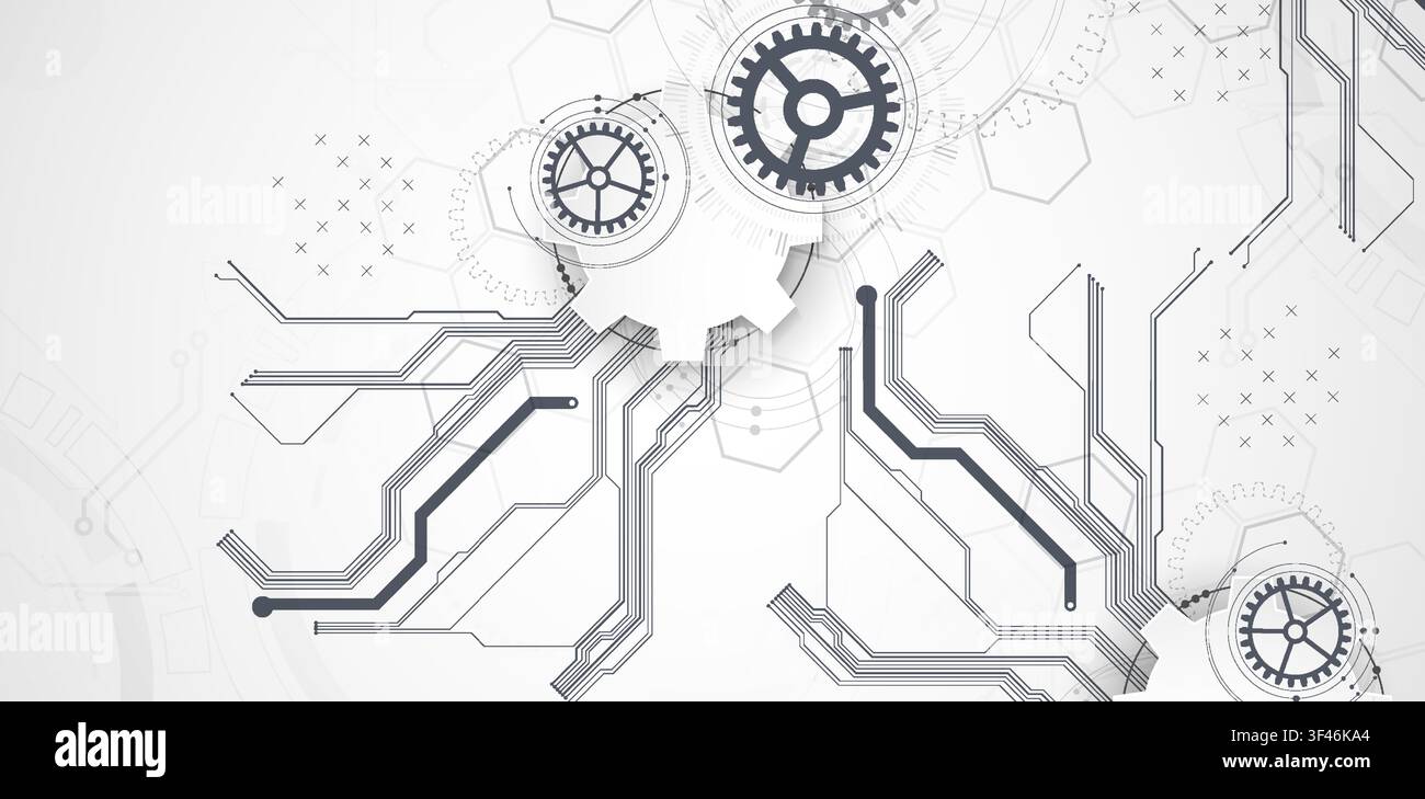 Technology background with grey gears, circuit board lines, geometric circles. Vector Stock Vector
