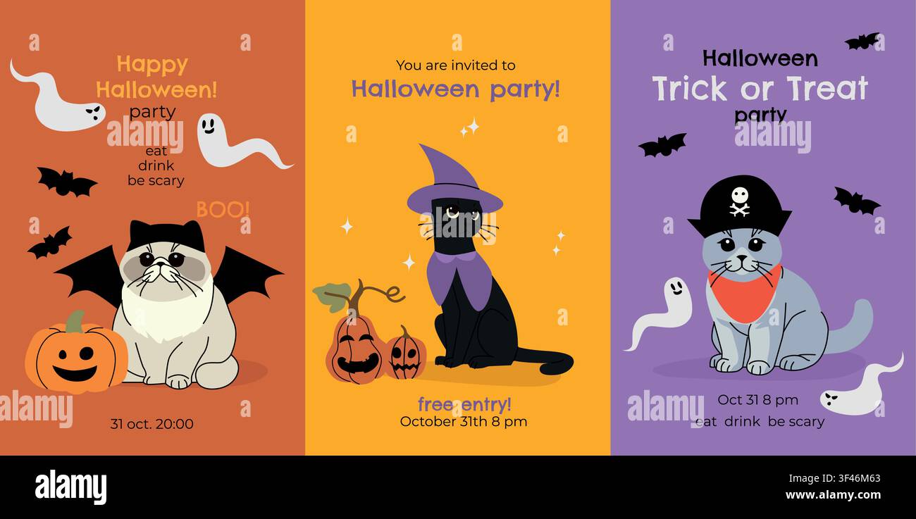 Set of three Halloween party invitation templates featuring cute cats in witch, bat and pirate costumes, pumpkins, ghosts, bats and festive typography Stock Vector