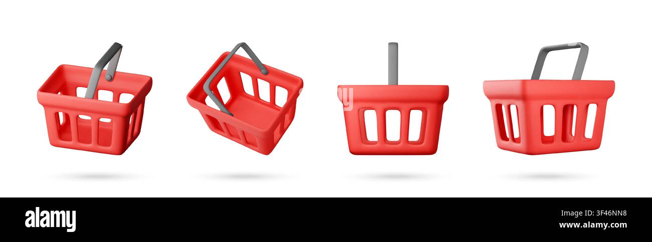 Red 3d shopping basket set from different angles Stock Vector
