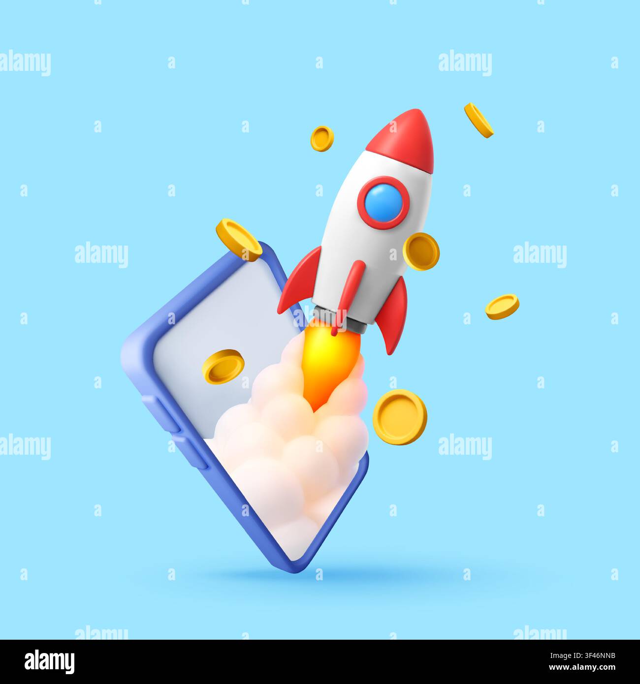3d rocket launching from smartphone with gold coin Stock Vector
