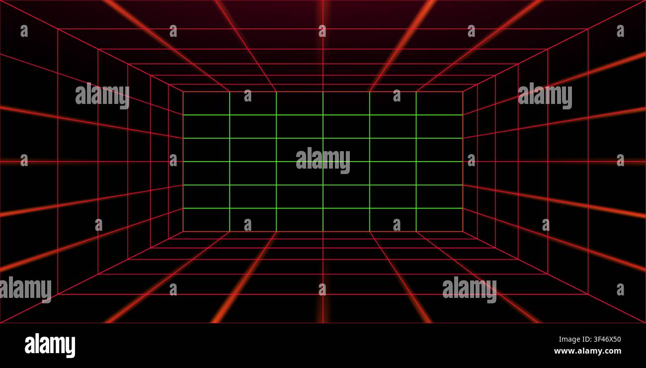 Wireframe perspective grid. Space neon infinity mesh, abstract retro background. Vector illustration. Stock Vector