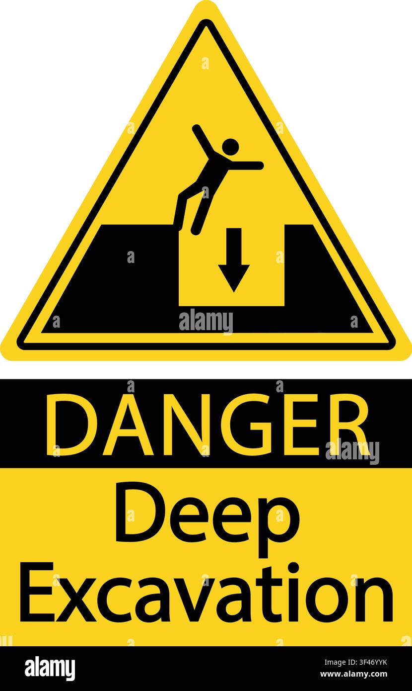 Danger, deep excavation. Warning yellow triangle sign with a silhouette of person falling and text below. Stock Vector