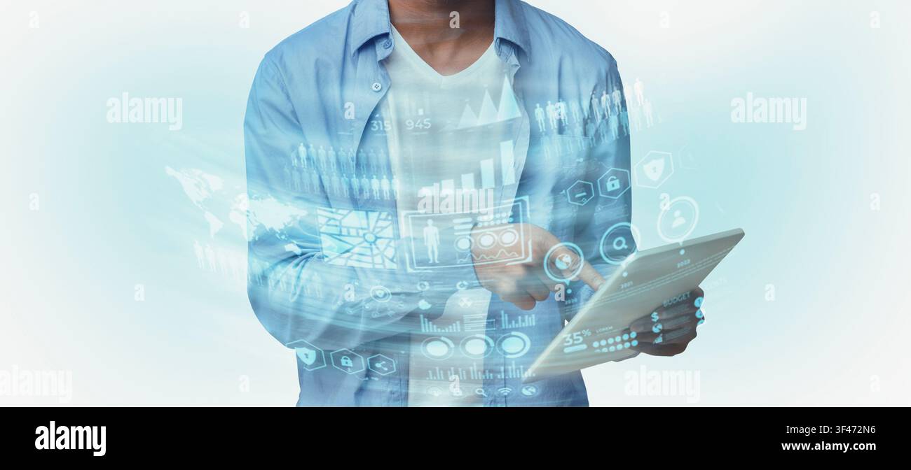 Black man using digital tablet, cyber security concept Stock Photo