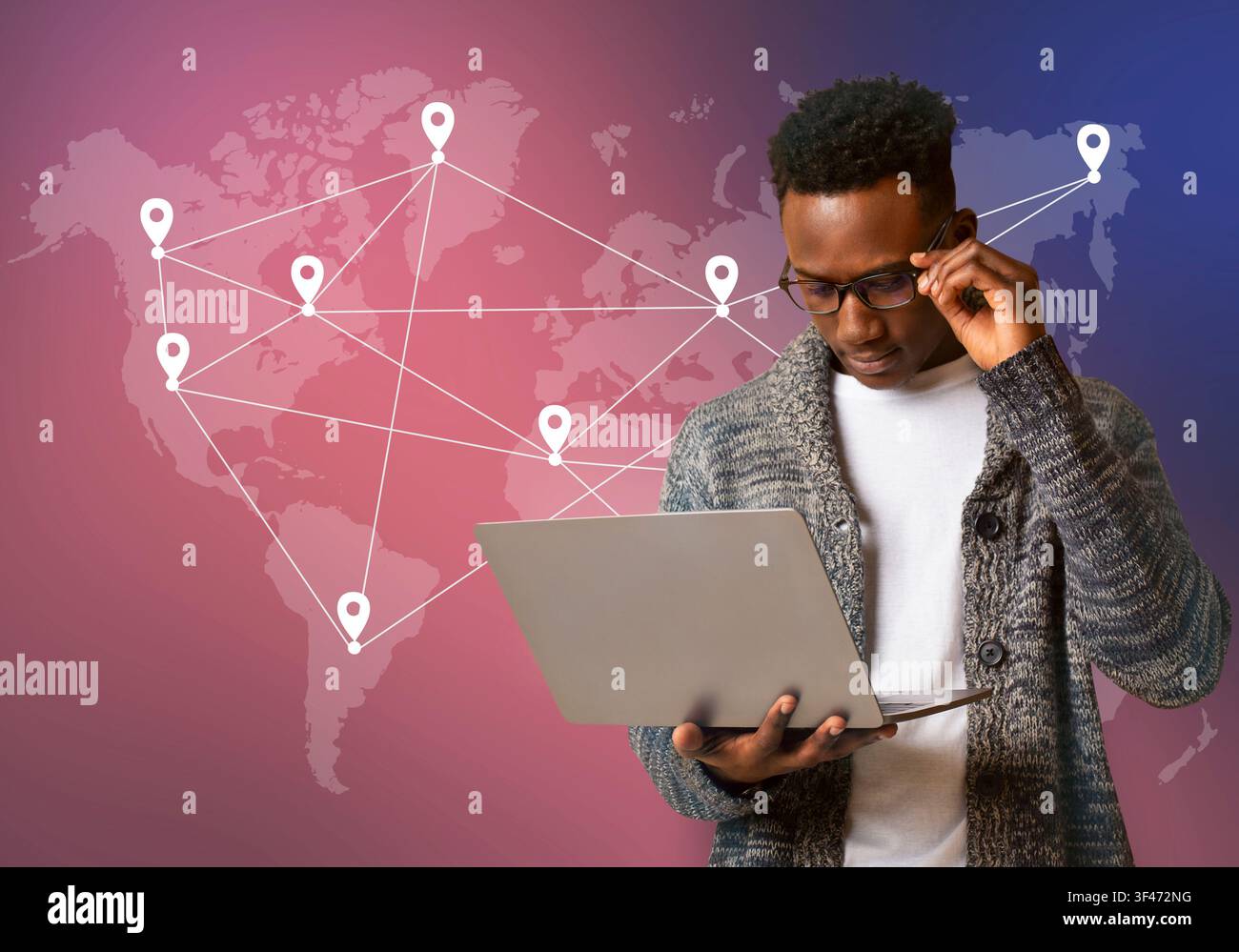 Black hacker holding laptop with virtual display server data Stock Photo