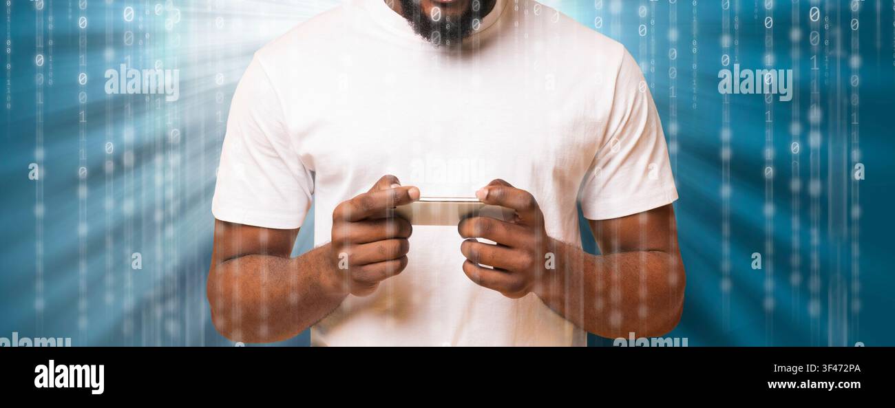 Mobile Security Concept. Black man using phone Stock Photo