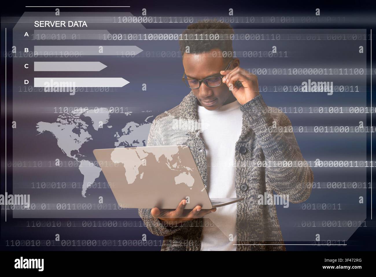 Black hacker holding laptop looking at database server Stock Photo