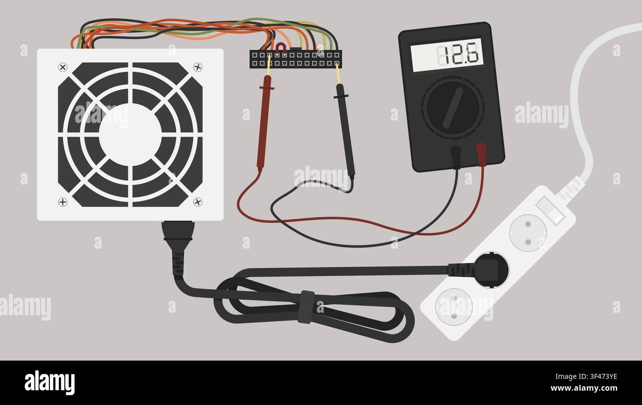 PC Power Supply Unit Testing with Digital Multimeter Voltage Measurement Vector Illustration Stock Vector