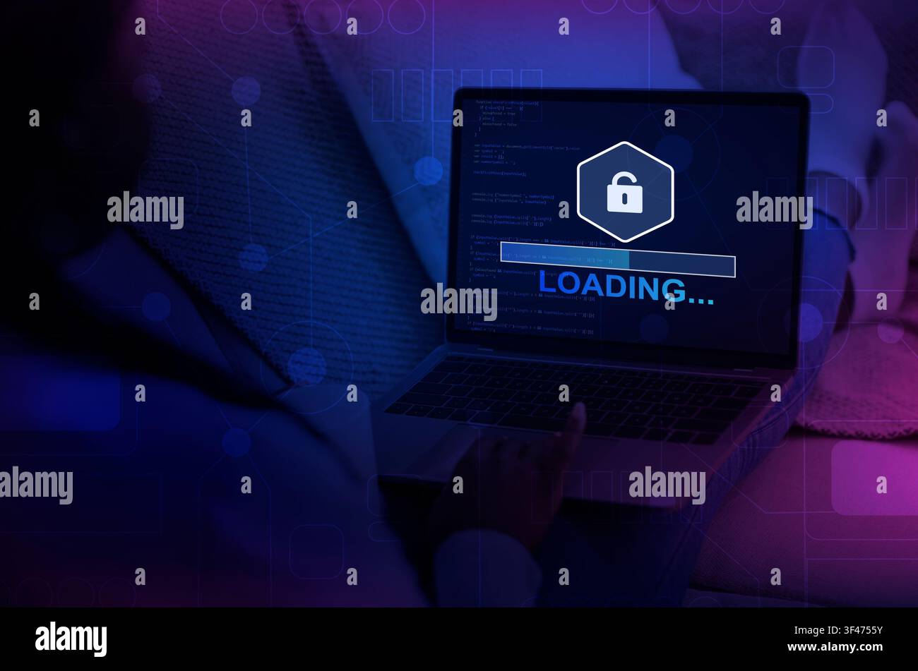 Unrecognizable hacker using laptop with progress loading bar Stock Photo