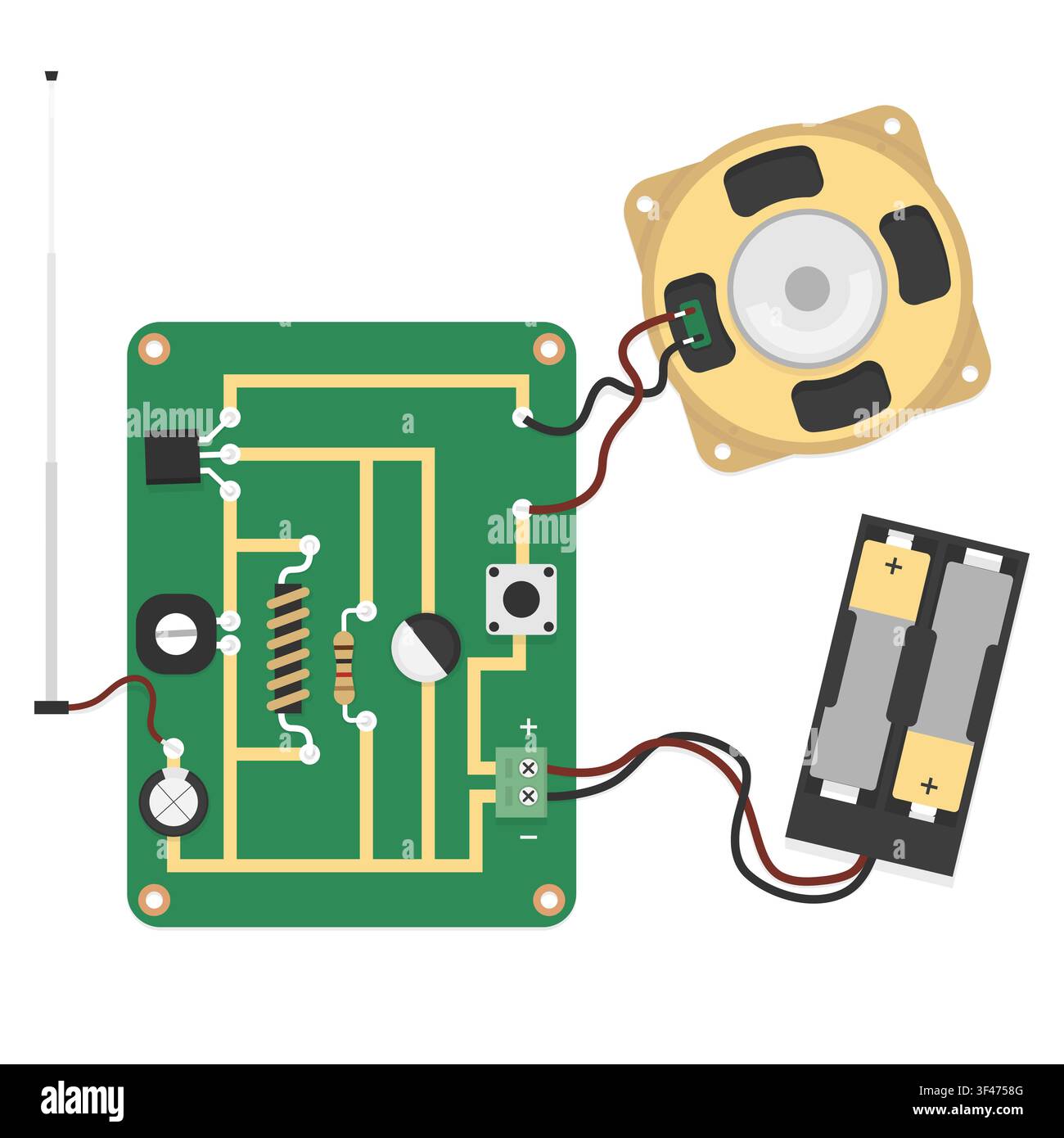 Simple Radio Circuit Board Electronic Components Speaker Antenna Vector Illustration Stock Vector