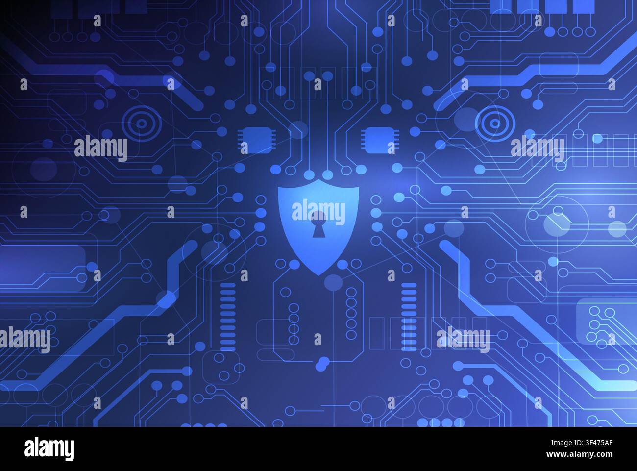 Shield with keyhole icon on blue digital data background Stock Photo