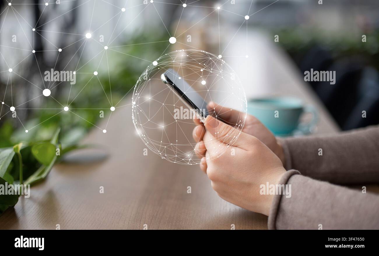 Woman using smaty phone with flying network Stock Photo