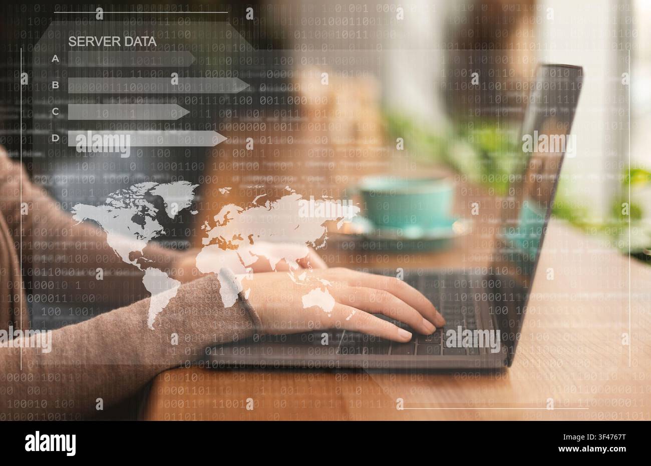 Female hacker using laptop looking at database server Stock Photo