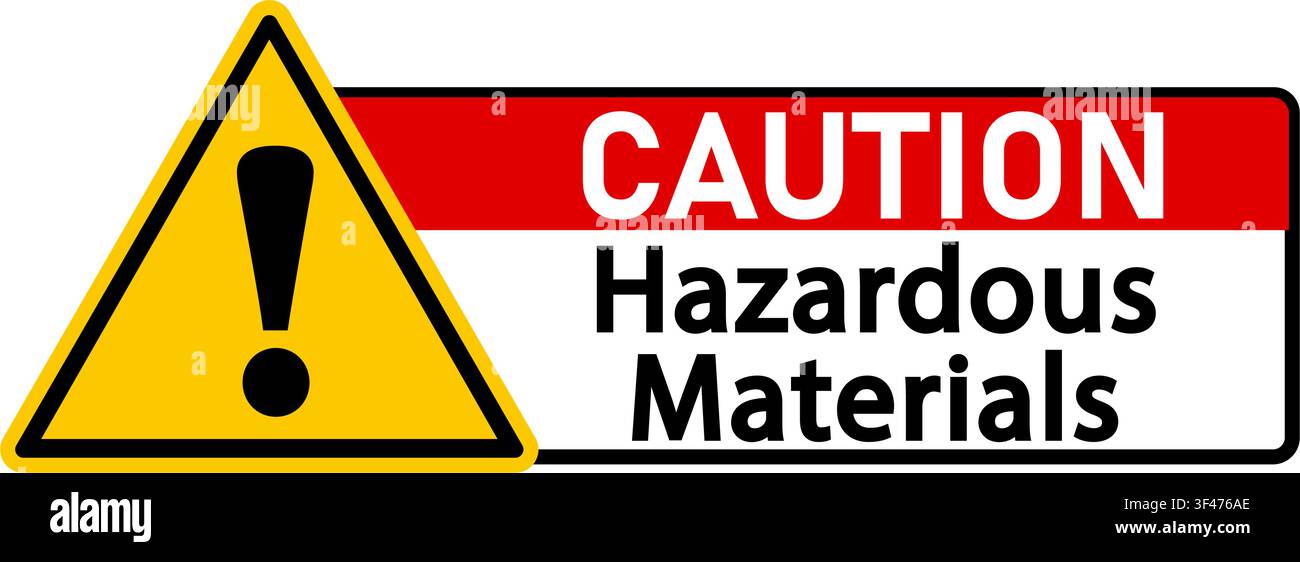 Caution, hazardous material. Yellow triangle warning sign with exclamation point. Text on red and white background by side. Sticker. Stock Vector