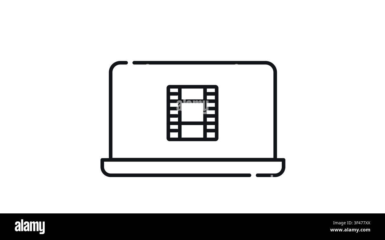Laptop with video film strip symbol on screen vector icon. Black line art style on white background. Mobile video editing, movie production, and digit Stock Vector