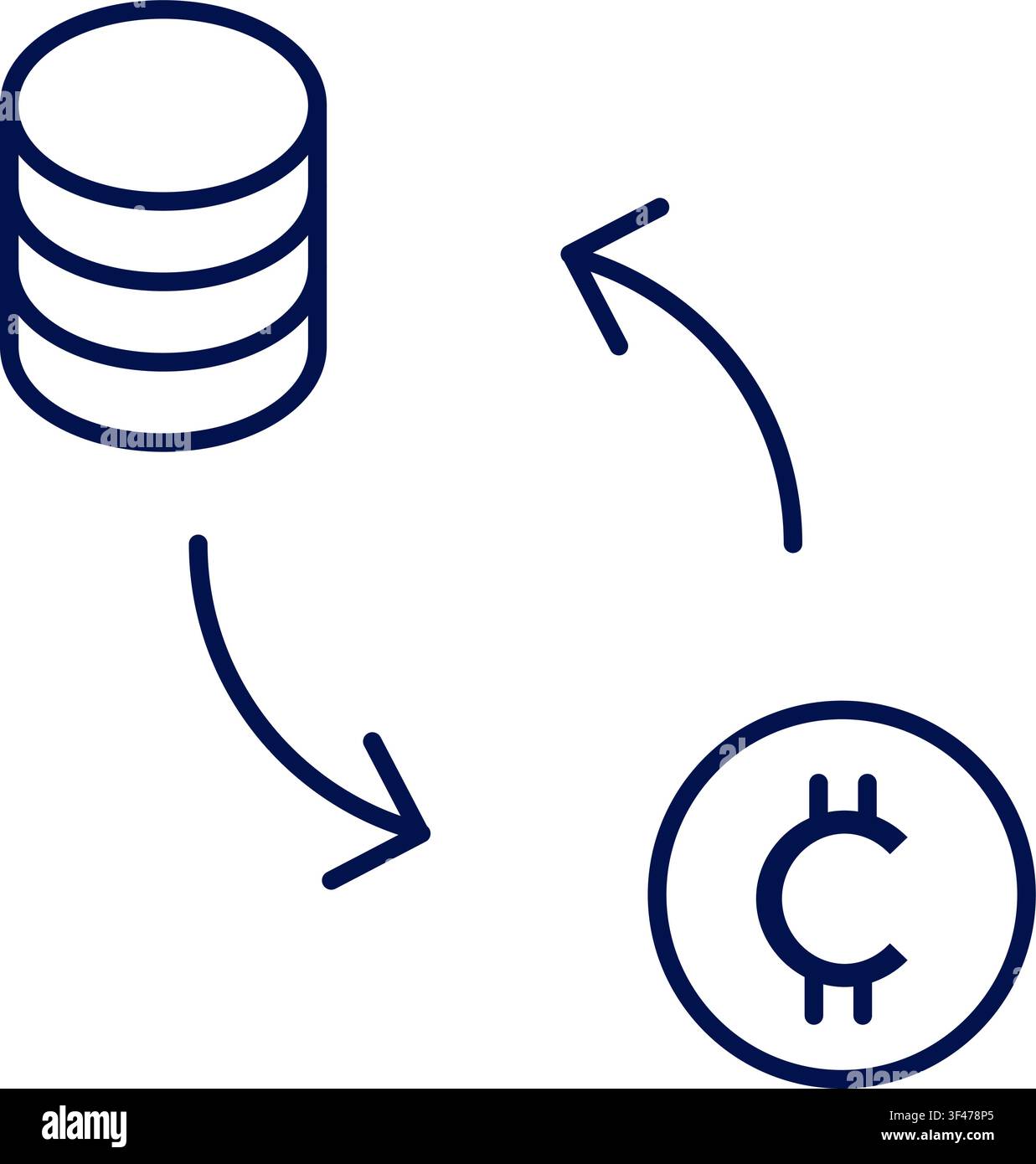 Data to cryptocurrency exchange icon with database and coin. Vector illustration, flat design Stock Vector