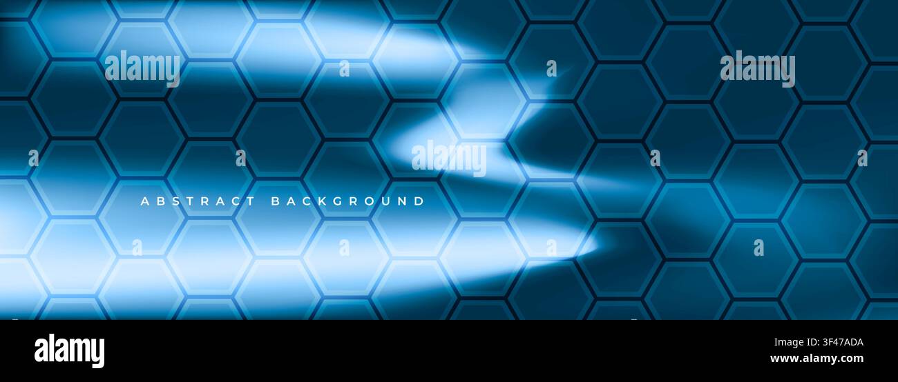 Bright blue abstract background with hexagon and holographic gradient. Dark hexagonal creative banner. Minimalist honeycomb vector illustration. Stock Vector