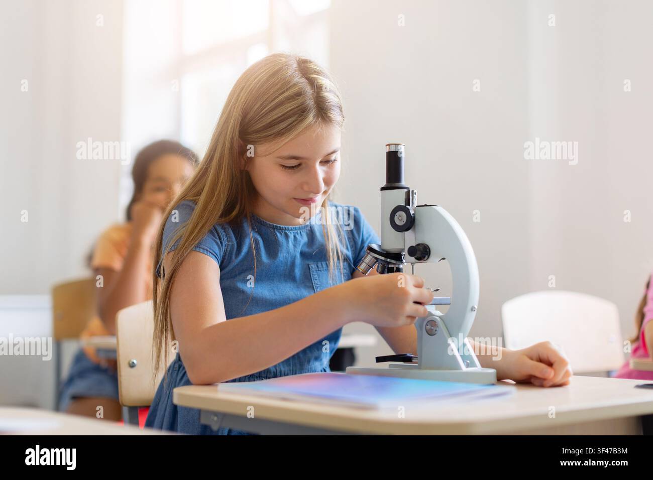 Focused schoolgirl adjusts a microscope during a science lesson Stock Photo