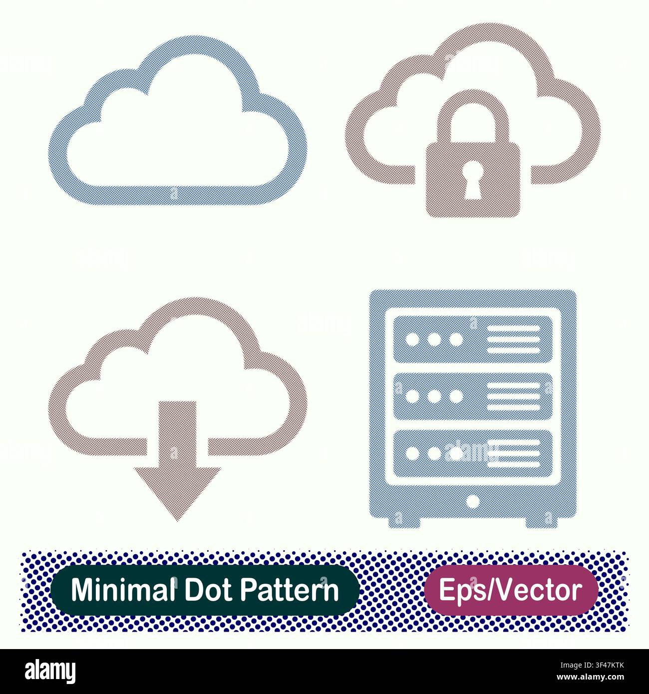 Minimal Dot Pattern Cloud Storage Outline, Secure Cloud Padlock, Cloud Data Download Arrow, and Server Rack Cabinet Vector Icons Set Stock Vector