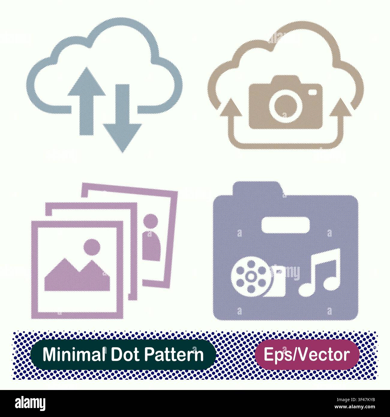Minimal Dot Pattern Cloud Data Sync Arrows, Cloud Photo Camera Upload, Photo Gallery Picture Stack, and Media Folder Music Vector Icons Set Stock Vector
