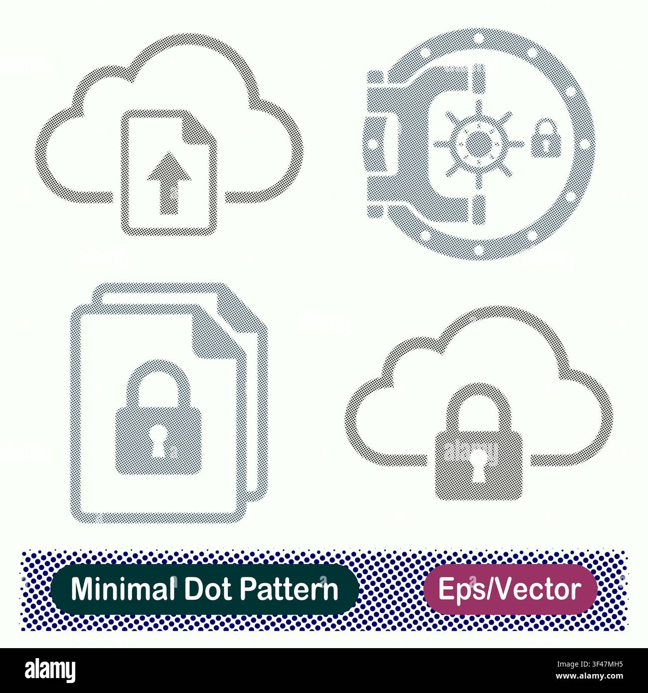 Minimal Dot Pattern Cloud Document Upload, Vault Door Security Lock, Encrypted Protected File Stack, and Cloud Padlock Lock Vector Icons Set Stock Vector
