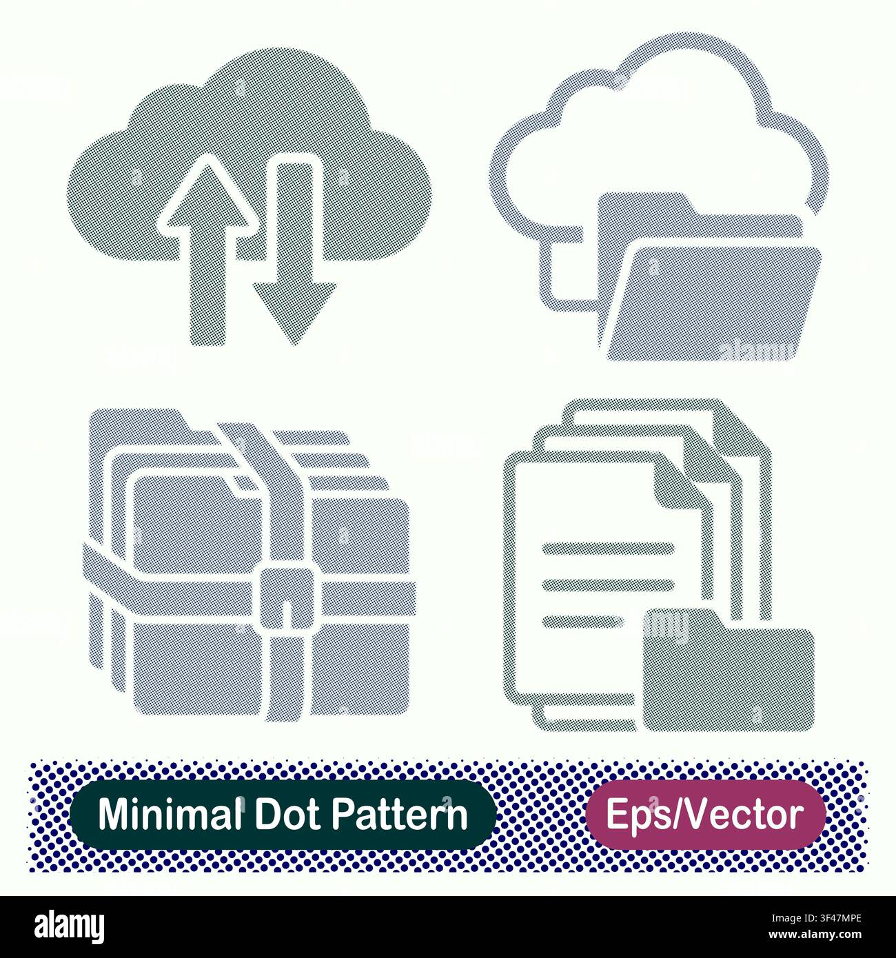 Minimal Dot Pattern Cloud Data Sync Arrows, Cloud Storage Folder, Compressed Archive File Folders, and Document Folder Stack Vector Icons Set Stock Vector