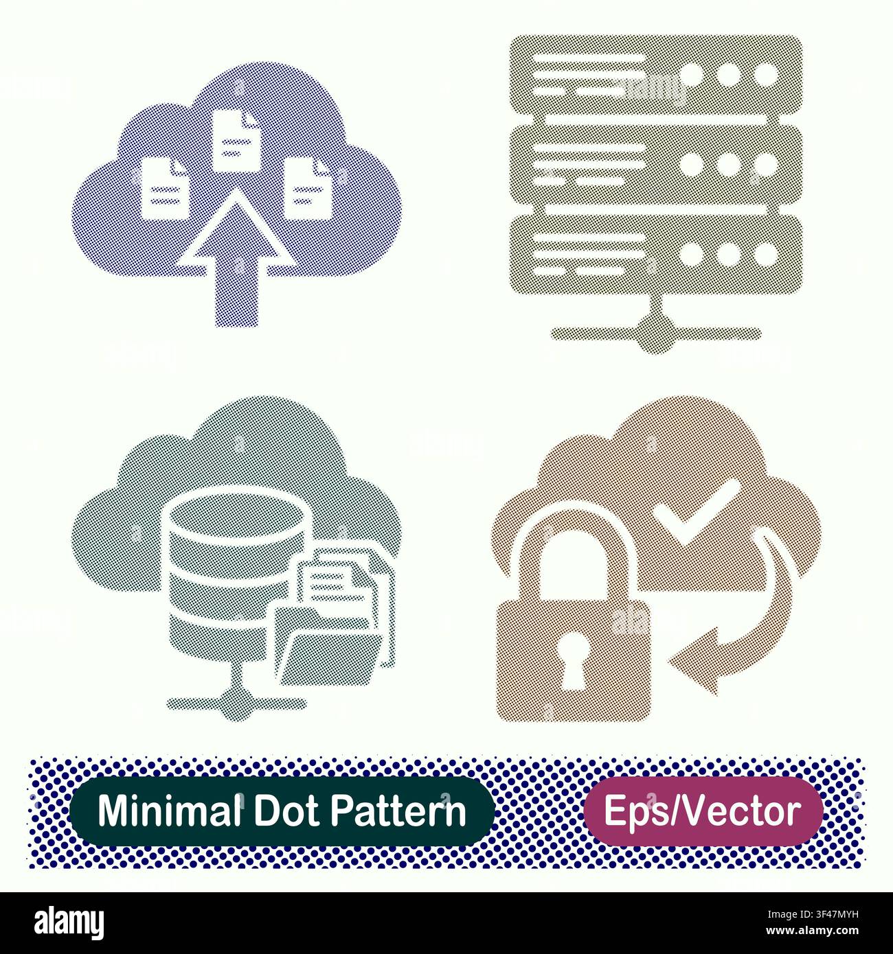 Minimal Dot Pattern Cloud Document Upload, Server Rack Database, Cloud File Storage Database, and Cloud Secure Padlock Vector Icons Set Stock Vector