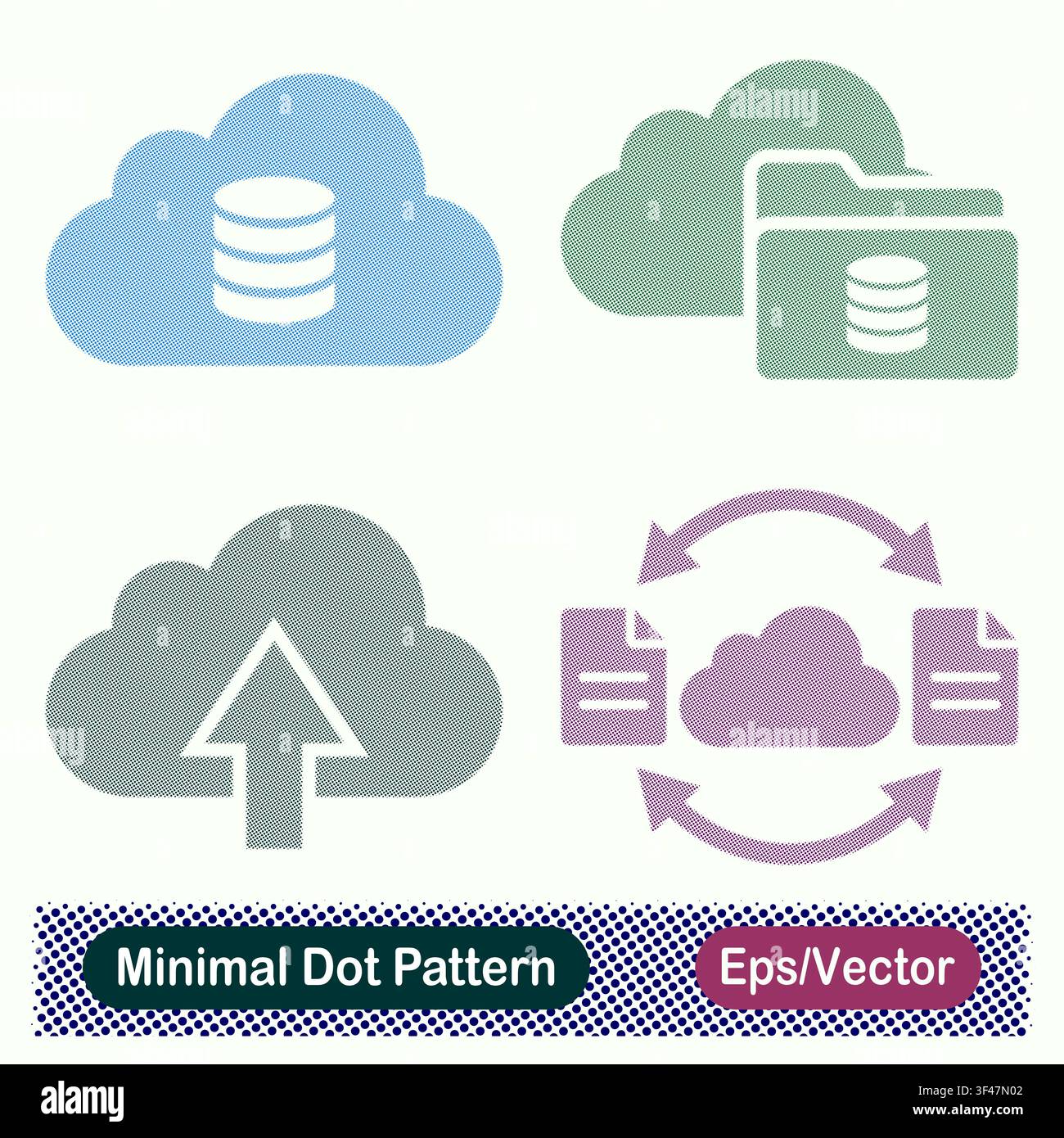 Minimal Dot Pattern Cloud Database Storage, Cloud Database Folder, Cloud Upload Arrow, and Cloud Document Exchange Vector Icons Set Stock Vector
