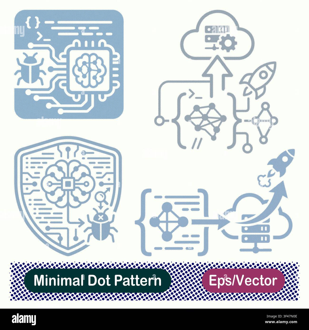 Minimal Dot Pattern AI Processor Bug Analysis, Neural Network Cloud Deployment Rocket, AI Brain Protection Shield Bug Scan, Vector Icons Set Stock Vector