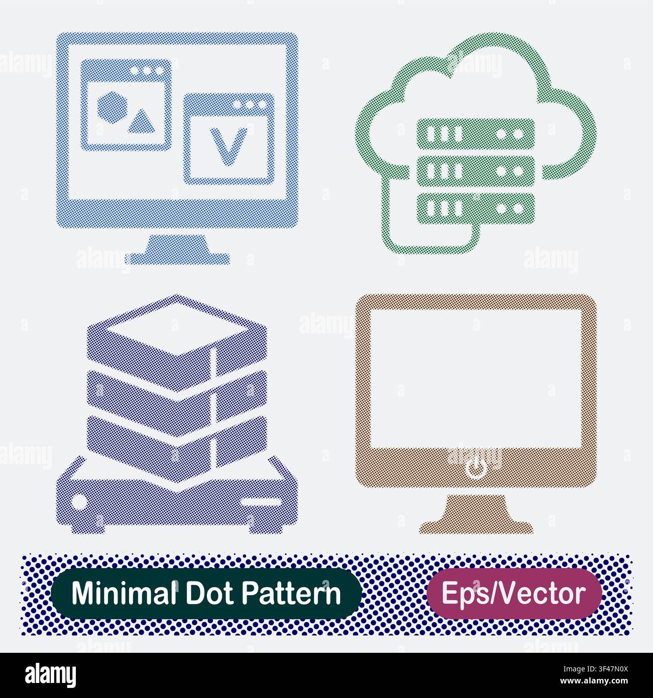 Minimal Dot Pattern Desktop Software Windows, Cloud Database Server, Stored Server Data Blocks, and Desktop Monitor Screen Vector Icons Set Stock Vector