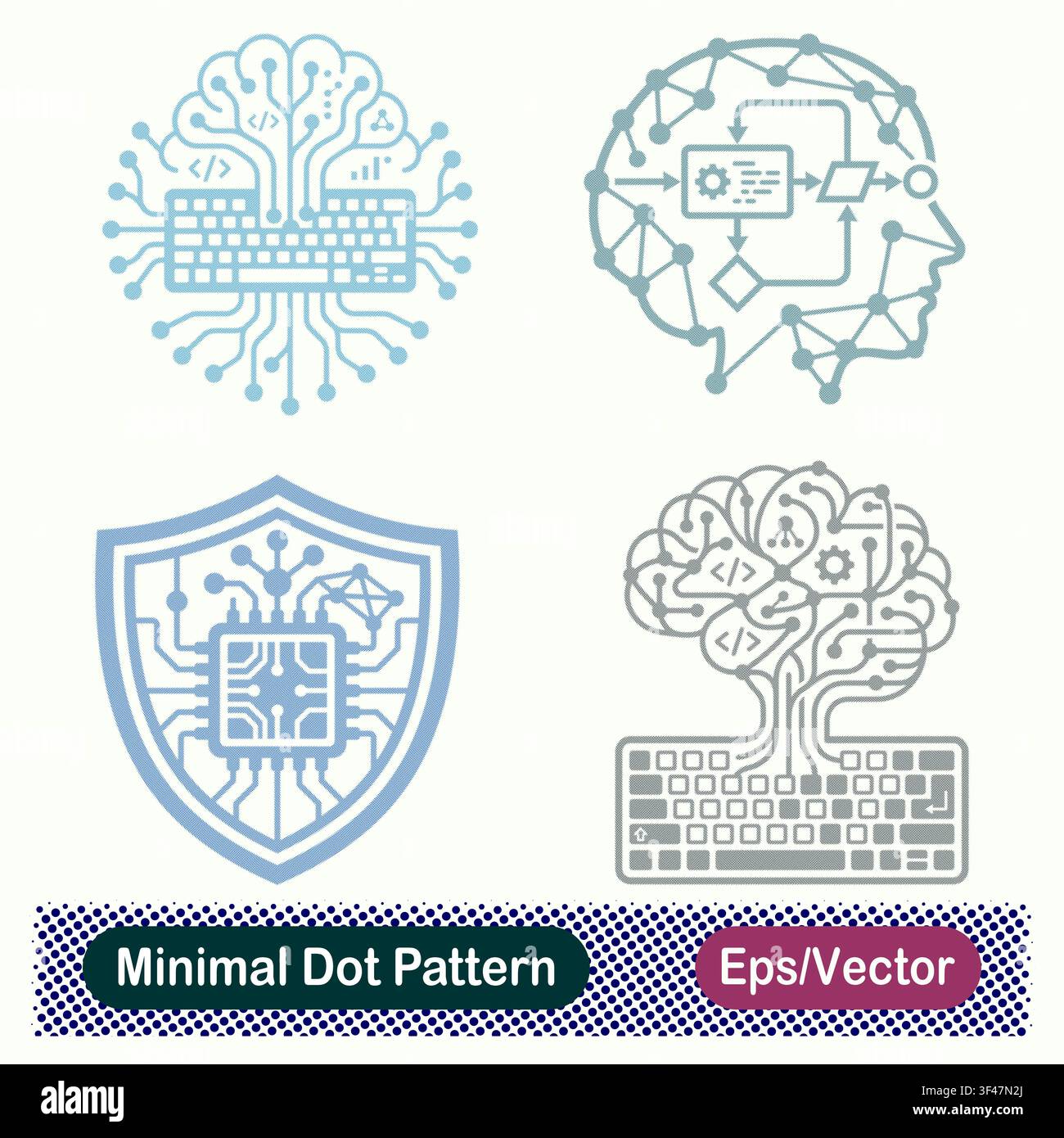 Minimal Dot Pattern AI Coding Keyboard Brain, Neural Profile Algorithm Flowchart, Microchip Processor Shield Defense, and Brain Tree Coding Keyboard Stock Vector