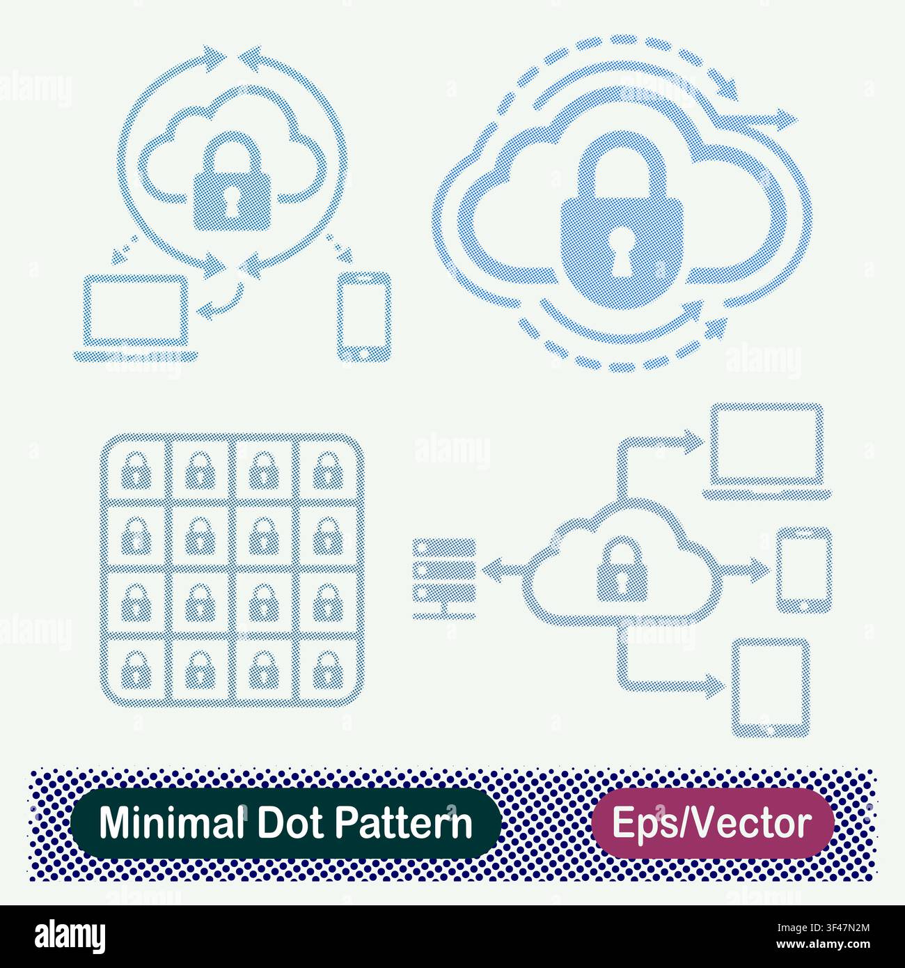Minimal Dot Pattern Secure Cloud Cross Device Sync, Encrypted Cloud Data Flow, Encrypted Grid Padlock Storage, Multi Device Cloud Server Access Vetor Stock Vector