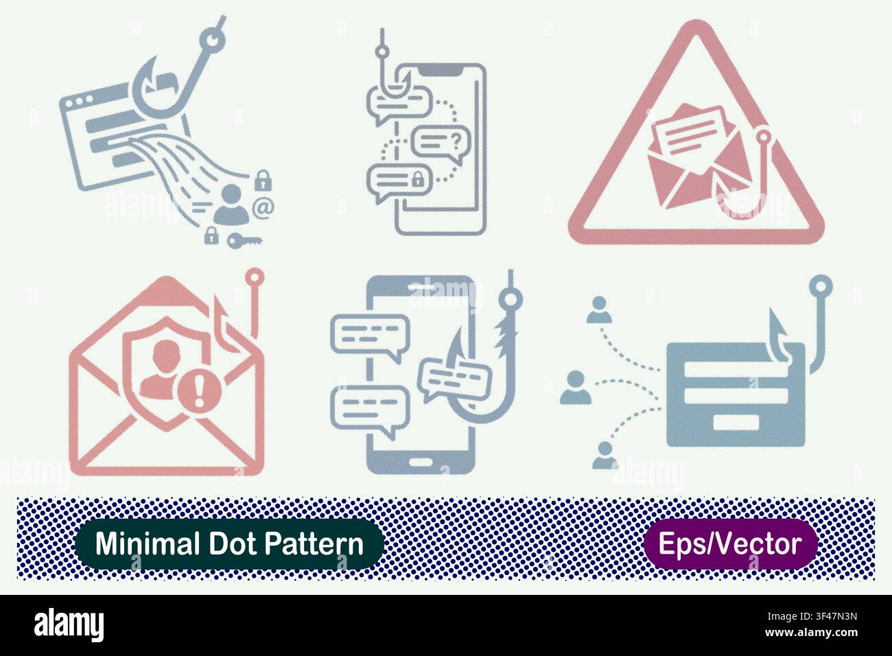 Minimal Dot Pattern Web Phishing Data Hook, Mobile SMS Phishing Chat, Email Phishing Triangle Warning, Secure Mail Alert Hook, Smartphone Message Hook Stock Vector