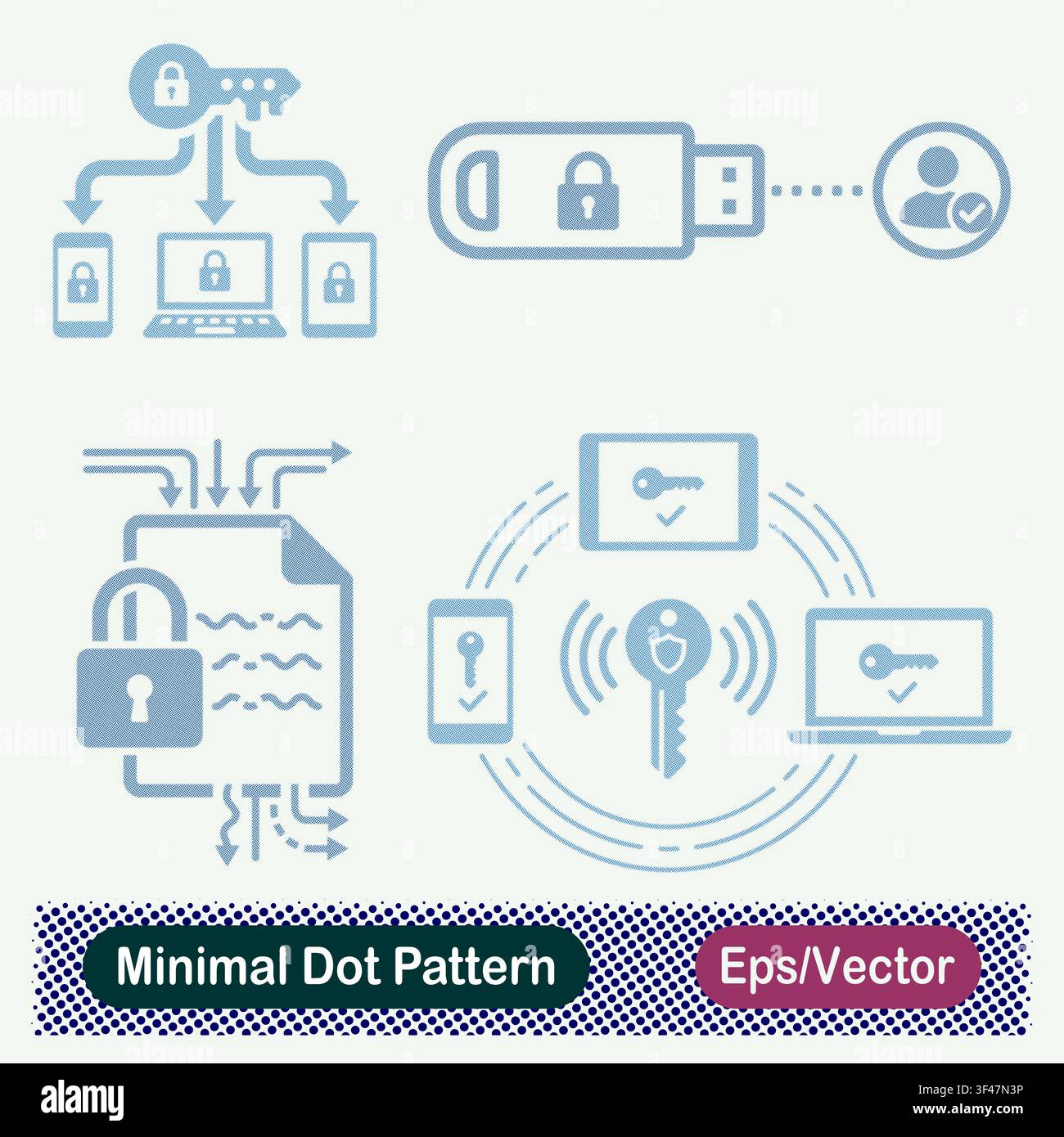 Minimal Dot Pattern Master Key Multi Device Access, Encrypted USB Security Token, Secure Document Data Routing, and Wireless Central Security Key Sync Stock Vector