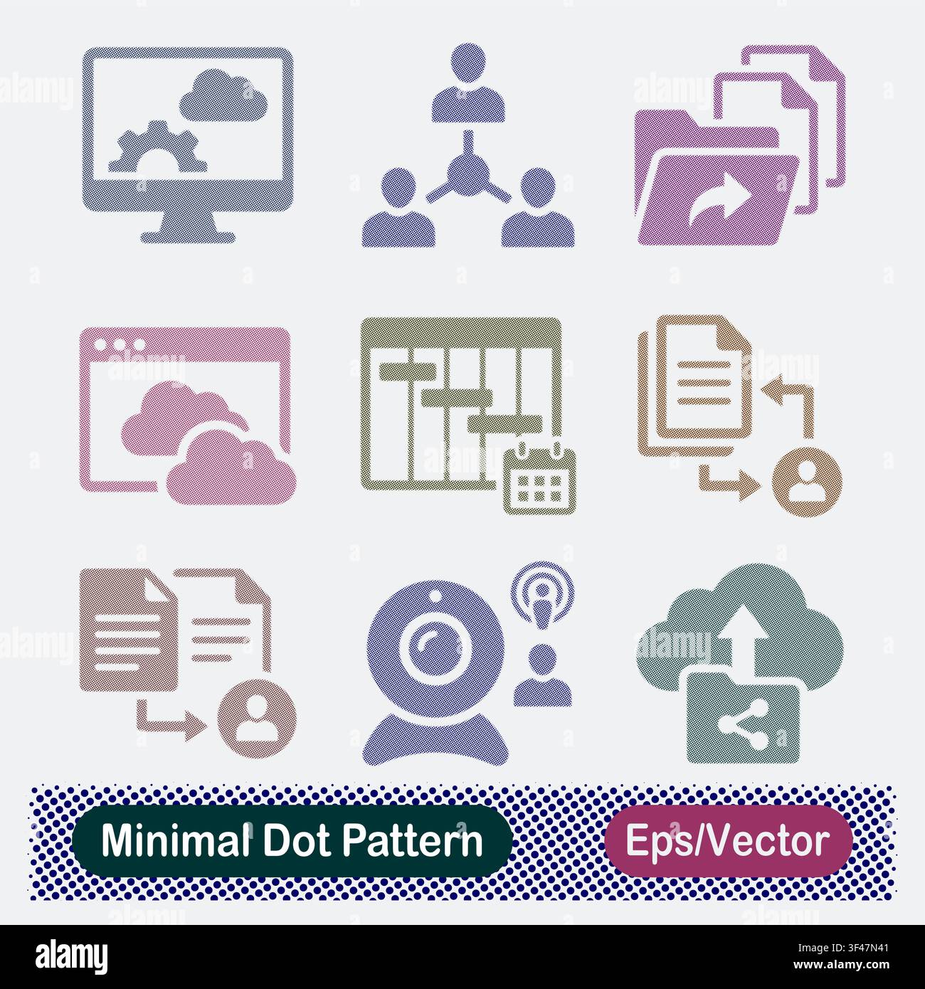 Minimal Dot Pattern Monitor Cloud Gear, Team Hierarchy Network, Shared Folder Documents, Cloud Web Browser, Project Schedule Timeline, User Document Stock Vector