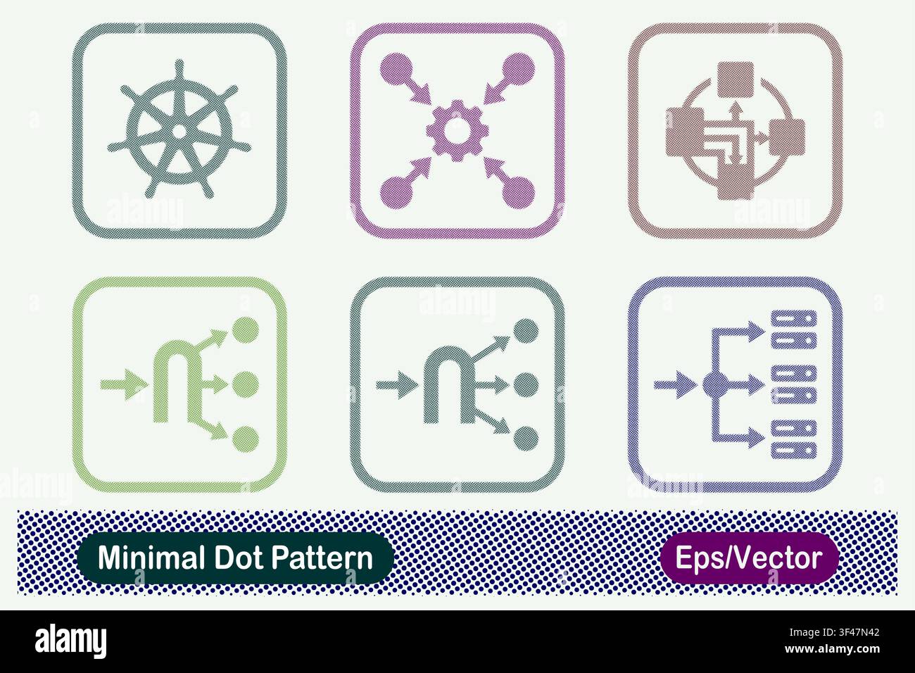 Minimal Dot Pattern Kubernetes Helm Control Wheel, Central Gear Integration, Circular Block Data Routing, Gateway Proxy Traffic Splitter, and Server Stock Vector
