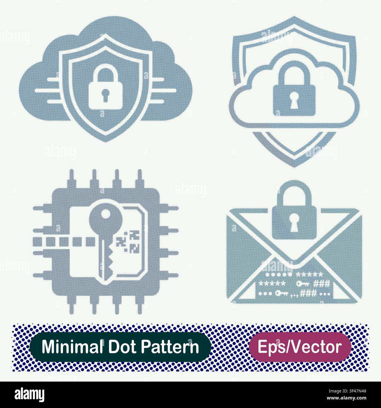 Minimal Dot Pattern Cloud Shield Padlock, Secure Cloud Defense, Microchip Security Encryption Key, and Encrypted Email Envelope Padlock Vector Icons Stock Vector