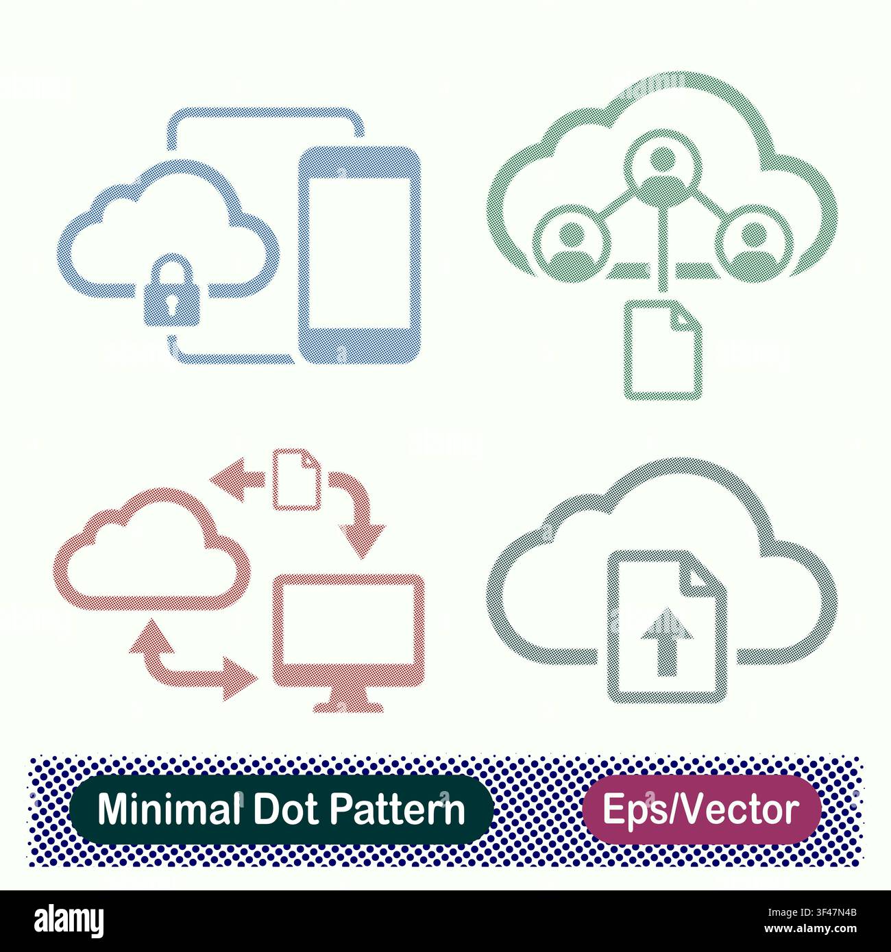 Minimal Dot Pattern Secure Cloud Mobile Sync, Cloud User Collaboration Document, Cloud Computer Data Exchange, and Cloud Document Upload Vector Icons Stock Vector