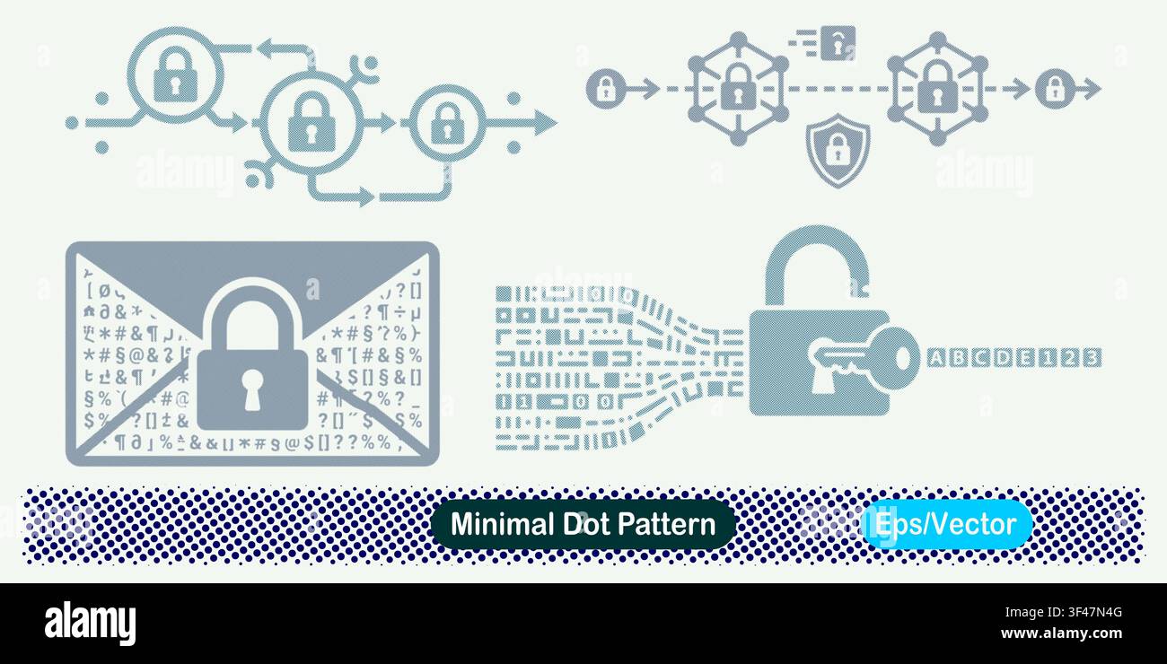 Minimal Dot Pattern Multi Node Encryption Flow, Blockchain Mesh Lock Security, Encrypted Email Padlock Message, and Cryptographic Password Decryption Stock Vector
