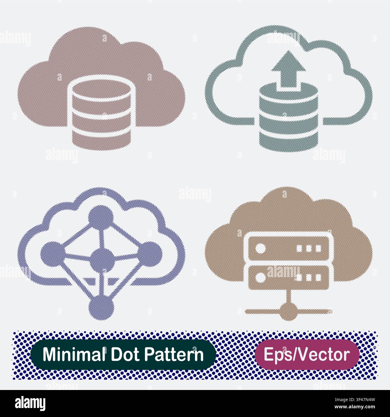 Minimal Dot Pattern Cloud Database Storage, Cloud Database Upload Arrow, Cloud Network Mesh Node, and Cloud Server Hosting Vector Icons Set Stock Vector