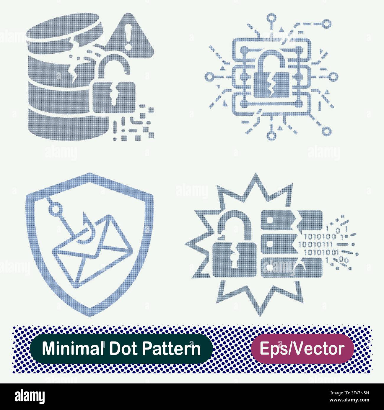 Minimal Dot Pattern Cracked Database Padlock Warning, Broken Lock Circuit Server, Email Phishing Shield Hook, and Server Data Breach Explosion Vector Stock Vector