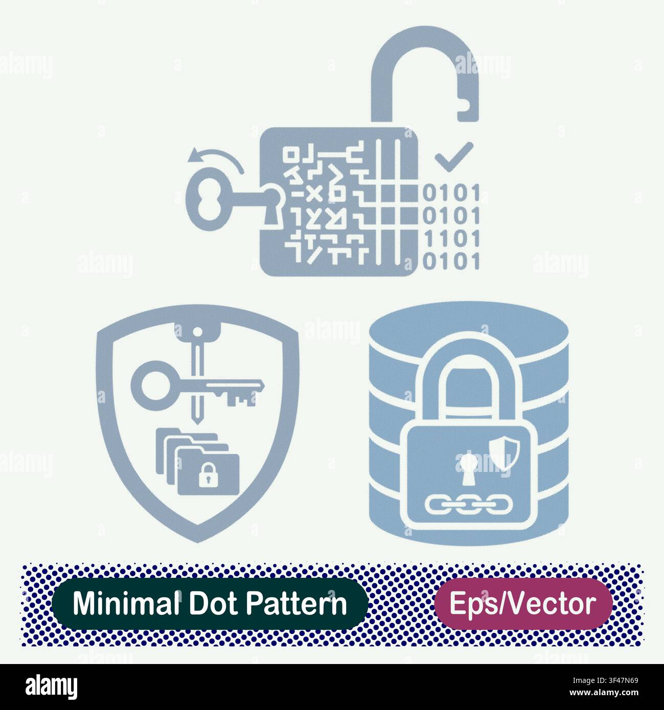 Minimal Dot Pattern Cryptographic Data Decryption Key, Shield Protected Key Access, and Encrypted Database Server Lock Vector Icons Set Stock Vector