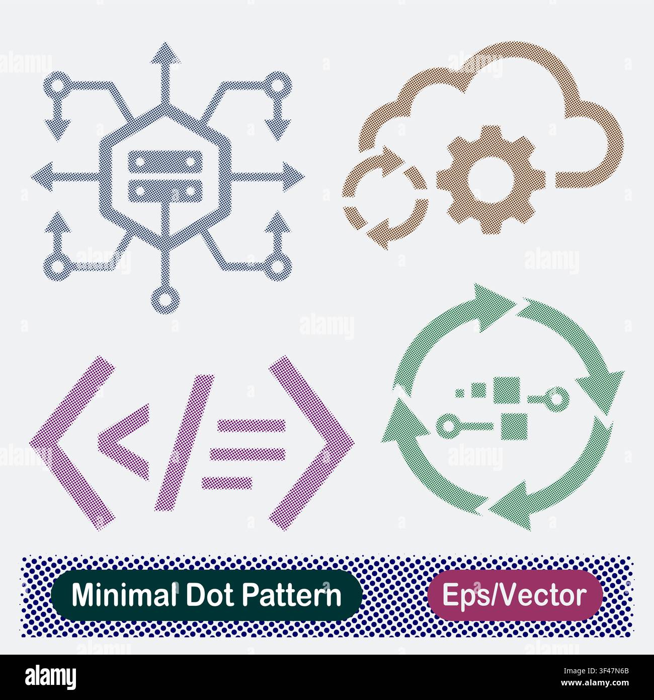 Minimal Dot Pattern Hexagonal Server Distribution Hub, Cloud Process Gear Sync, Code Brackets Programming, and Circular Data Transfer Processing Vec Stock Vector