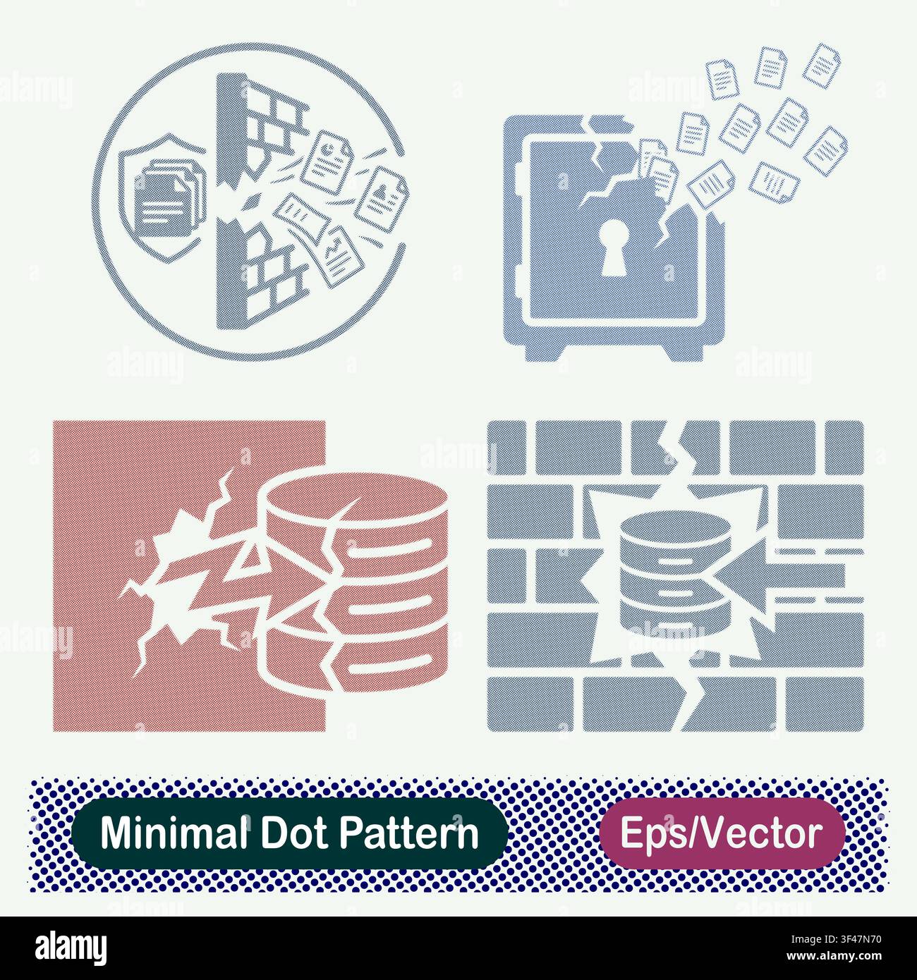 Minimal Dot Pattern Broken Firewall Data Leak, Cracked Safe Document Leak, Database Lightning Strike Damage, and Cracked Firewall Database Breach Vec. Stock Vector